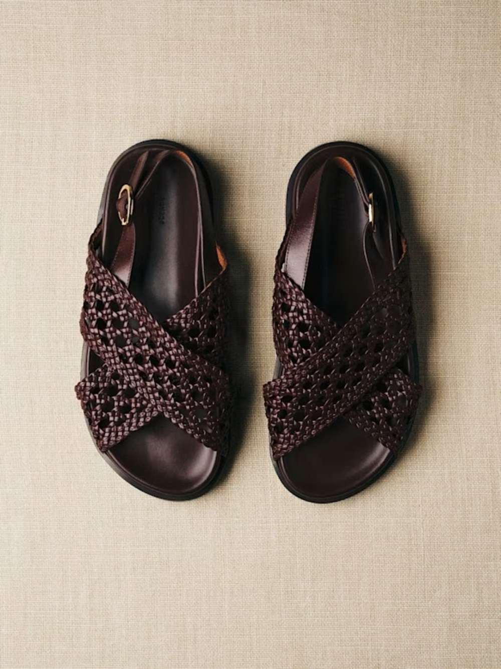 Sezane Tilda Low Sandals Size 9 Brown Smooth Woven Leather Flats Buckle Shoes - Picture 2 of 7